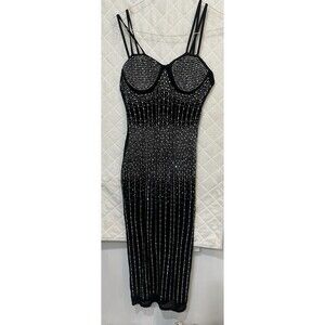 Black Rhinestone Cocktail Dress Lined With Body Suit Size XL Plus